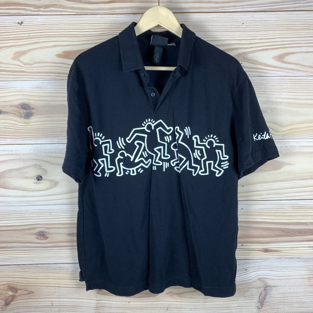 H&M‎ x Keith Haring Polo Shirt Mens Small Relaxed Fit Black Limited Ed Art